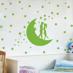 Autocollants muraux lumineux lune et etoiles phosphorescentes silhouette de couple chambre