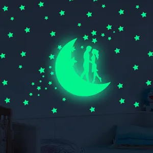 Stickers muraux luminescents lune et étoiles autocollants de couple pour chambre déco