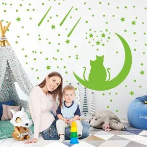 Stickers muraux lumineux lune et etoiles chats phosphorescents pour decoration de chambre