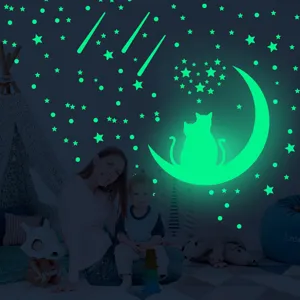 Autocollants muraux chat lune phosphorescents étoiles lumineuses déco chambre enfant