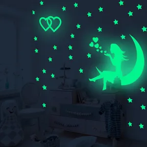 Stickers muraux phosphorescents lune etoiles fée cœur autocollant chambre luminescent
