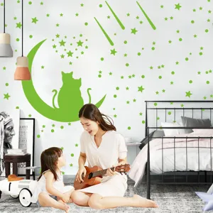 Autocollants muraux luminescents lune chat etoiles phosphorescents pour decoration chambre.
