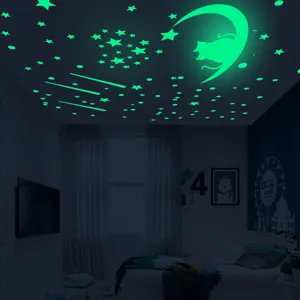 Autocollants fluorescents étoiles et lune pour plafond, stickers muraux chat lumineux chambre.