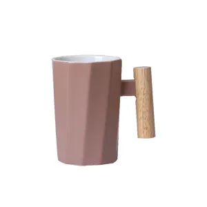 Nordic style wooden handle ceramic mug pink faceted office water cup creative holiday gift