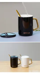 Nahaufnahme Detail der Keramiktasse mit Goldgriff und Deckel, stilvolles Büro und Zuhause Geschirr.