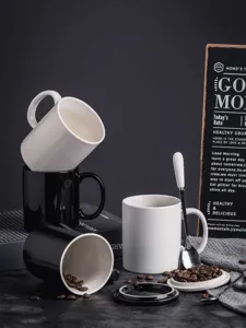 Minimalist ceramic coffee mug set with spoon and lid, perfect for office and daily home use.