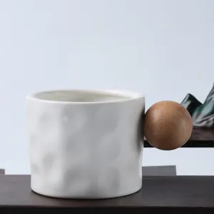 Minimalist Nordic Ceramic Mug With Wooden Ball Handle Hammered Coffee Cup