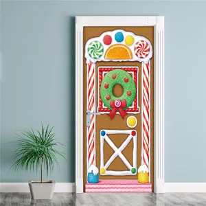 Détail de sticker de porte 3D pain d'épices de Noël, design festif de couronne de bonbons.