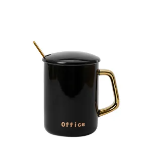 Schwarze Keramiktasse mit Goldgriff, Deckel und Löffel, moderne Büro Kaffeetasse im Set.