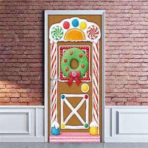 Autocollant de porte 3D maison de pain d'épices de Noël papier peint amovible décor