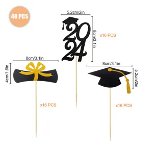 Graduation cupcake toppers 2024 glitter black gold cake decorations 48pcs party supplies