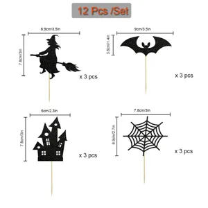 Halloween cake toppers black glitter witch bat castle spiderweb party decorations set 12pcs