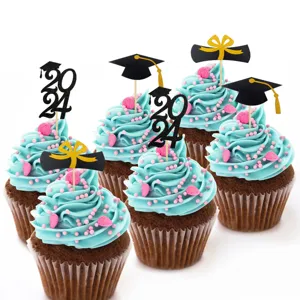 Graduation cupcake toppers 2024 glitter paper cake inserts for party celebration decorations.