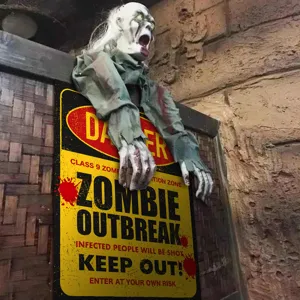 Halloween zombie waarschuwingsbord sticker detail, griezelige feest decoratie.