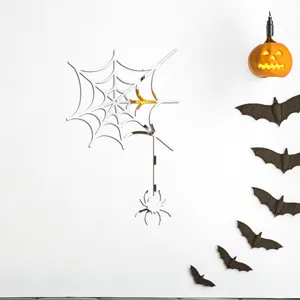 Detailed view of Halloween acrylic mirror spider web wall sticker for 3D spooky theme party decor.