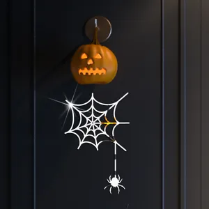Halloween acrylic spider web mirror wall sticker with glowing pumpkin pendant for decor.
