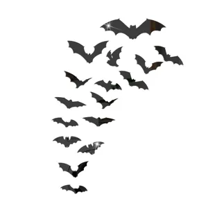 Halloween 3D bat acrylic mirror wall stickers, reflective black flying bats decor for party.