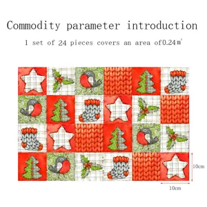 Vista dettaglio adesivo piastrelle Natale, design motivo patchwork festivo, 10x10cm, 24 pezzi totali.