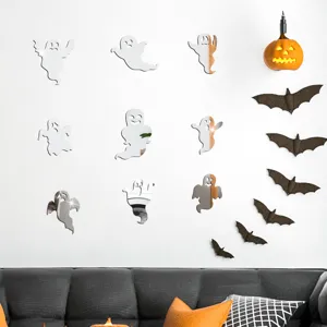 Detail view of 3D acrylic ghost mirror wall stickers, perfect Halloween party home decor.