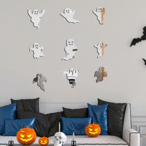 Halloween acrylic mirror ghost wall sticker, reflective spooky party home decor detail view.