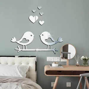 Acrylic mirror wall sticker featuring birds and hearts design, perfect for bedroom decor.