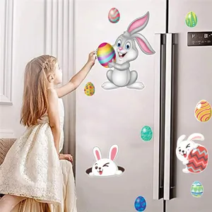 Pegatinas magnéticas de nevera de Pascua con lindo conejo y coloridos huevos decorativos.
