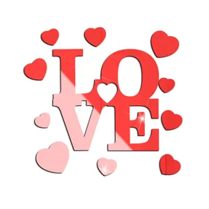 Red acrylic LOVE heart mirror wall stickers for romantic Valentine home decor design.