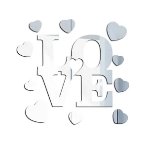 Acrylic mirror wall stickers with LOVE letters and hearts for home decor detail view.
