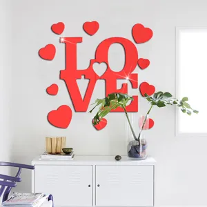 Detailed view of the red acrylic LOVE wall sticker decor, creating a warm romantic vibe.