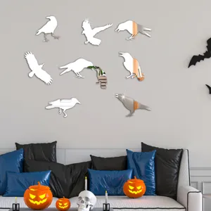 Halloween crow acrylic mirror wall stickers, 3D reflective raven decals for spooky party decor.