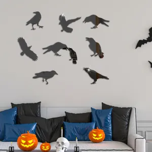 Acrylic crow mirror wall sticker detail view, perfect for Halloween party home decor.