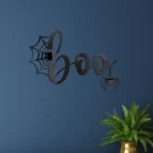Halloween black acrylic mirror wall sticker boo with spider web and hanging spider design