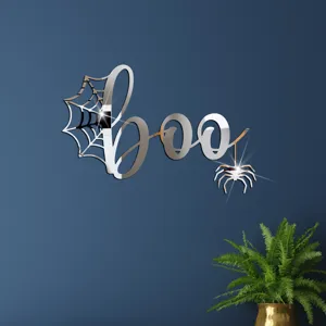 Halloween acrylic mirror wall sticker detail view, featuring Boo letters, spider web and cute spider.