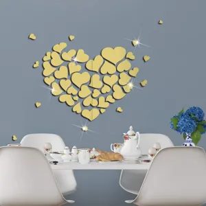 Gold acrylic heart mirror wall stickers for home decor, self-adhesive festival decor.