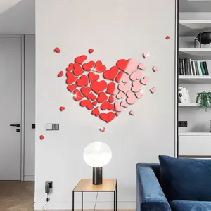 Red heart acrylic mirror wall stickers for home decor, romantic Valentine's Day wall art.
