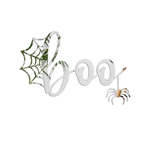 Halloween acrylic mirror wall sticker with Boo text spider web for spooky party decor.