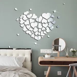 Heart acrylic mirror wall sticker set, self-adhesive DIY love wall decor for bedroom.