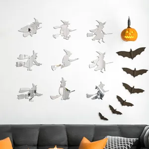 Halloween acrylic mirror witch wall stickers set, bat wall decor and pumpkin light detail view.