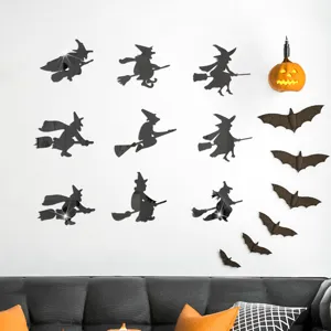 Halloween witch acrylic mirror wall sticker set, 3D self-adhesive spooky home party decor.