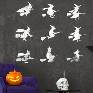 Halloween witch acrylic mirror wall stickers, 3D self-adhesive spooky decor for party bar.