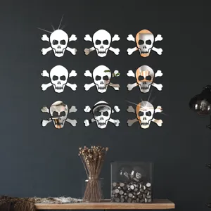 Halloween skull mirror wall stickers, 3D acrylic reflective spooky decor for party bar.