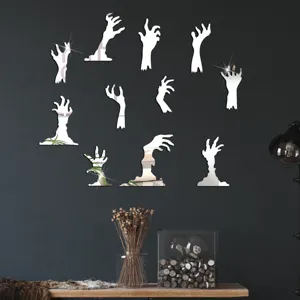 Halloween 3D acrylic mirror zombie hand wall stickers, spooky festival party decor.