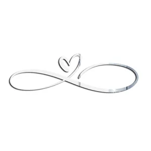 Acrylic heart infinity wall sticker detail, modern silver mirror home decor piece.