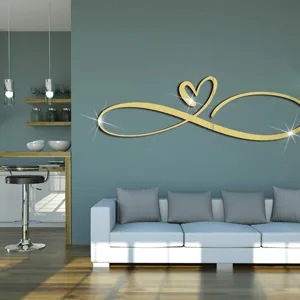 Acrylic heart infinity mirror wall sticker gold home decor detail view for living room.