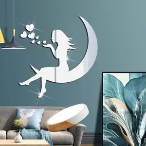 Acrylic mirror wall sticker featuring a girl on a crescent moon with hearts for home decor.