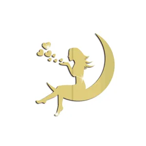 Gold acrylic mirror wall sticker featuring a moon girl blowing hearts for home decor detail.