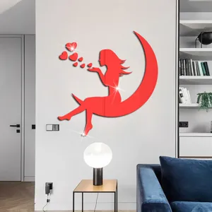 Red acrylic mirror wall sticker featuring a girl on moon and floating love hearts decor