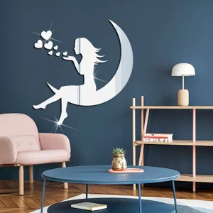 Acrylic mirror wall sticker featuring a fairy on the moon blowing hearts for home decor.