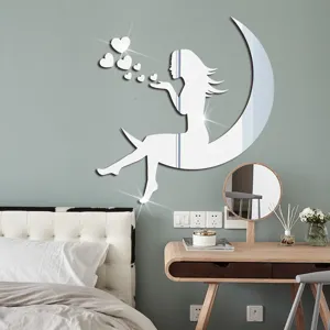 Acrylic moon girl wall mirror sticker self-adhesive home decor for bedroom living room