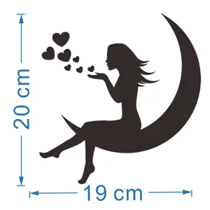 Detail view of the romantic moon girl silhouette wall sticker with dimension markers for decor.